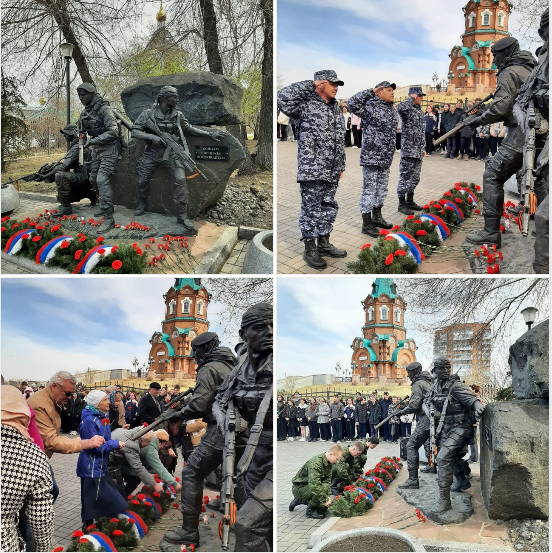 Митинг, посвященный возложению гирлянды к композиции «Боевая тройка».
